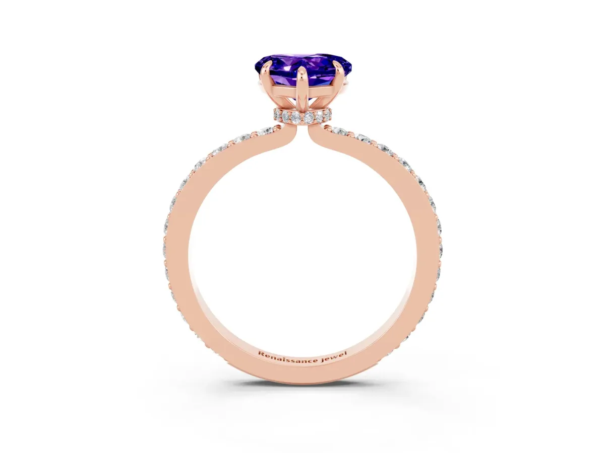 Heart Cut Tanzanite Solitaire Engagement Ring with Pavé Band and Four-Prong Setting Rose gold