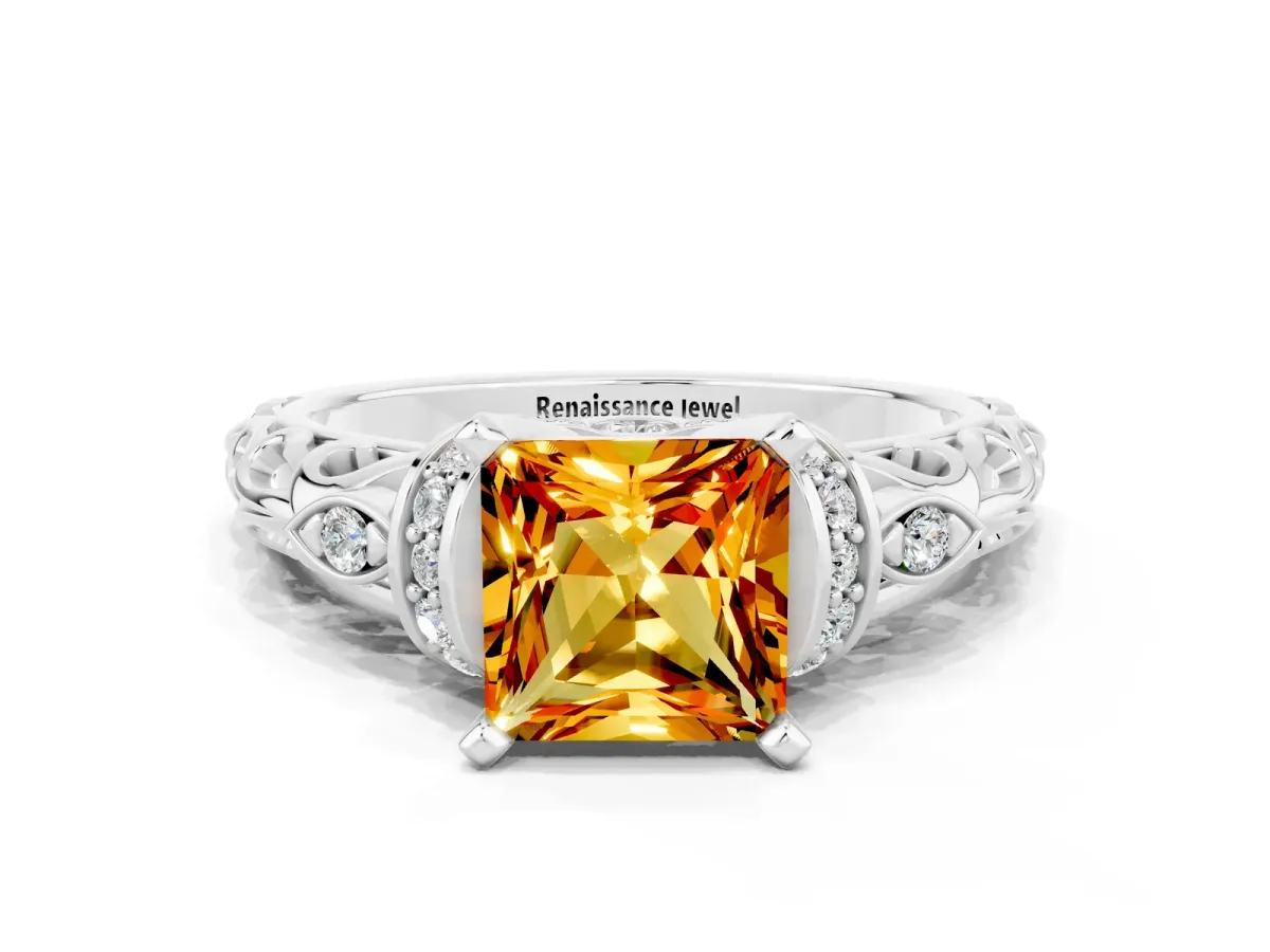 Princess Cut Citrine Solitaire Ring with Filigree Band and Four-Prong Setting Silver