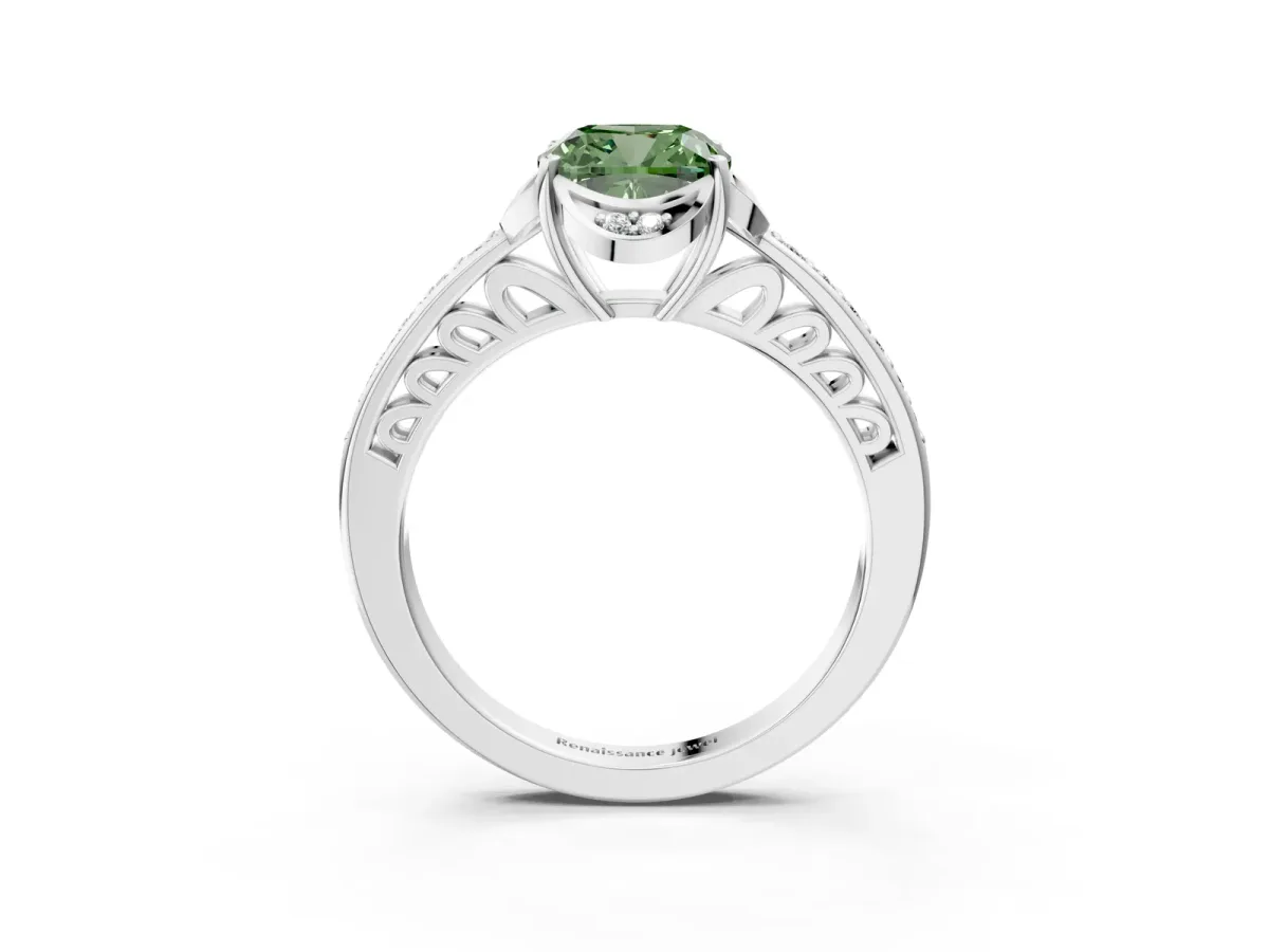 Fancy Green Cushion Cut Cut Halo Diamond Ring with Channel Set Band and Four-Prong Setting White gold