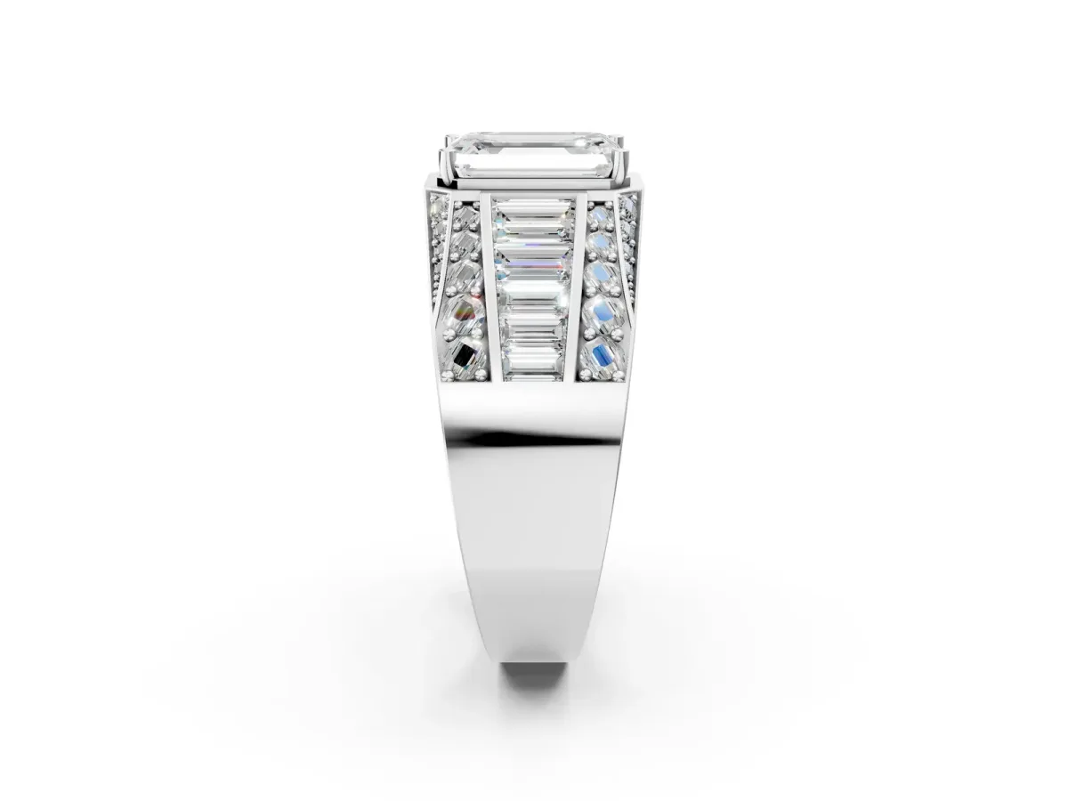 Emerald Cut Diamond Mens Ring with Baguette Side Stones Platinum