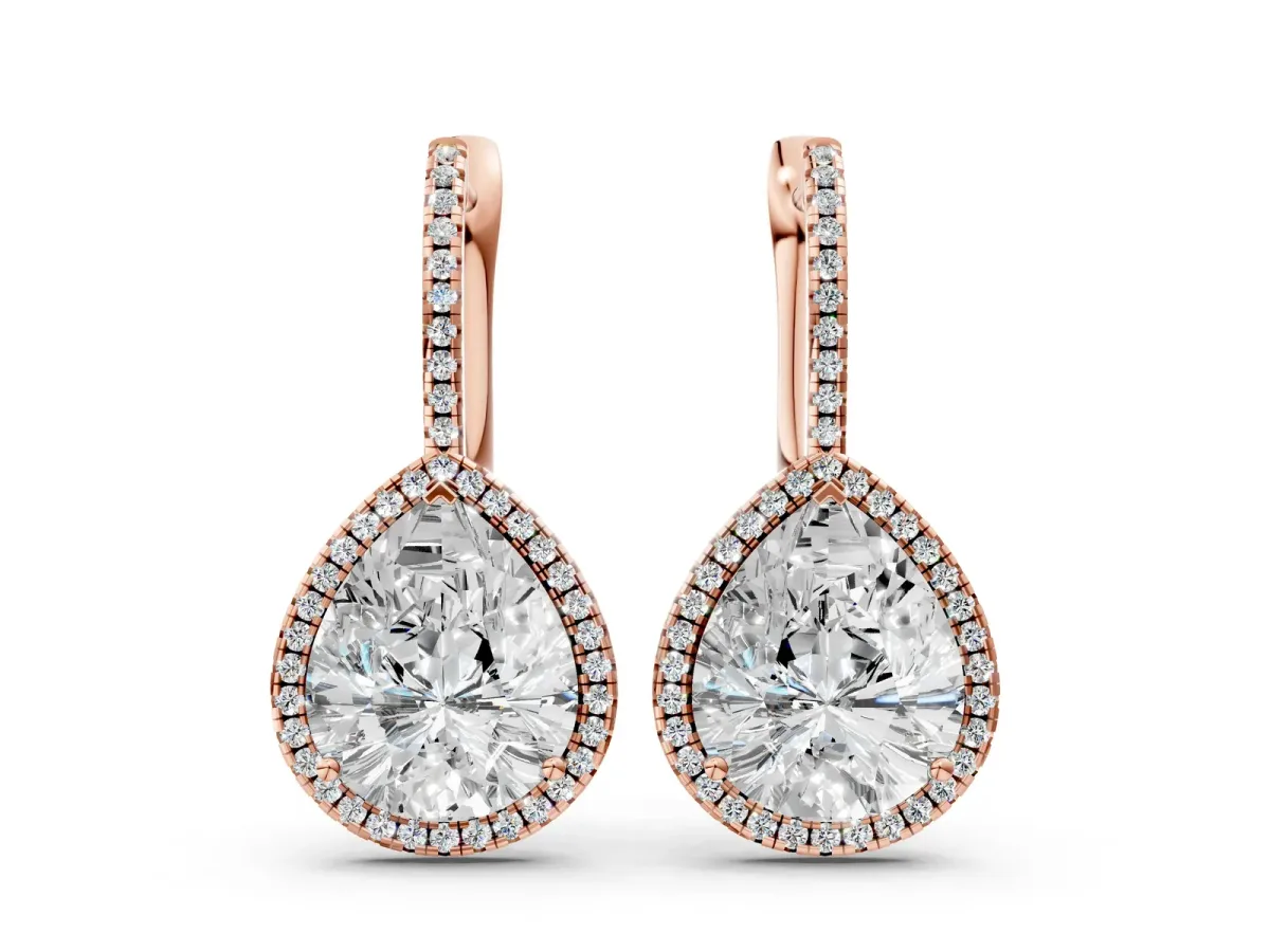 Pear Diamond Halo Leverback Drop Earrings with Round Diamond Accents Rose gold