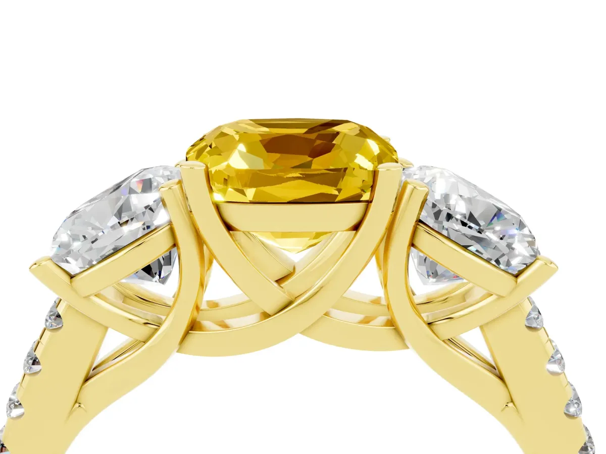 Three-Stone Cushion Cut Yellow Sapphire Ring with Round Pavé Band and Prong Setting Yellow gold