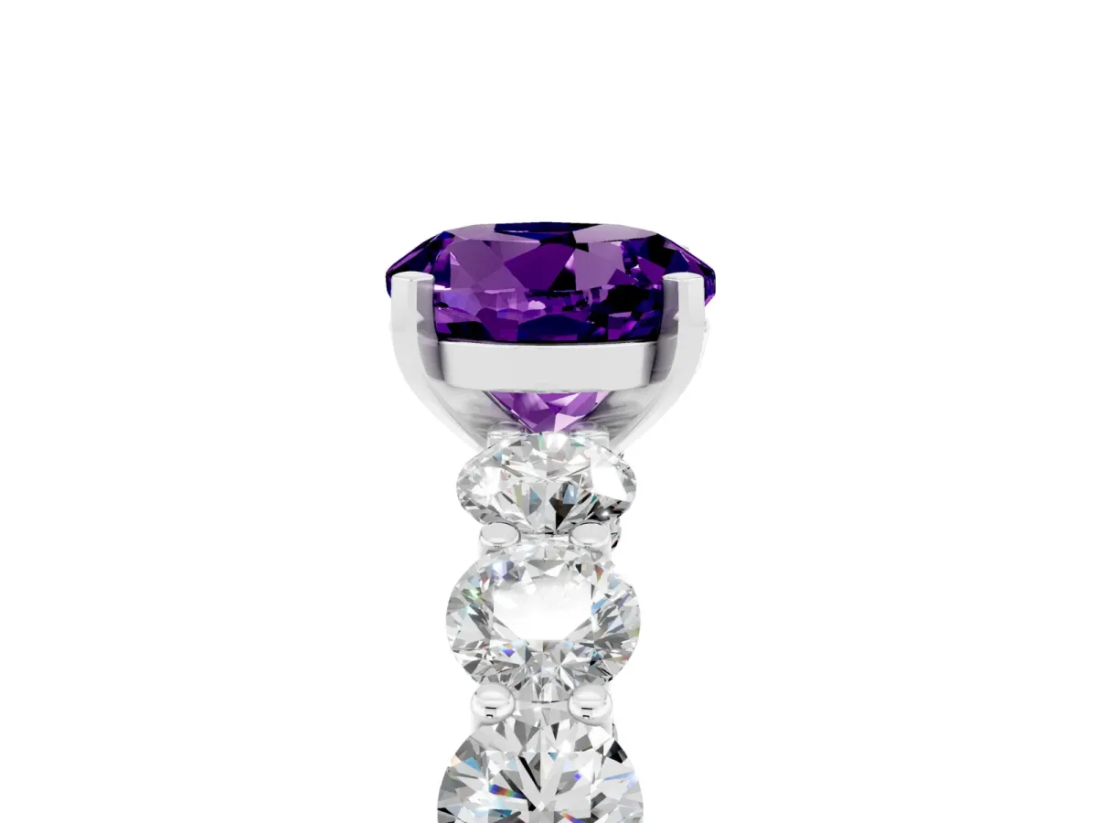 Round Cut Amethyst Prong Setting with Side Stones on a Pave Band White gold