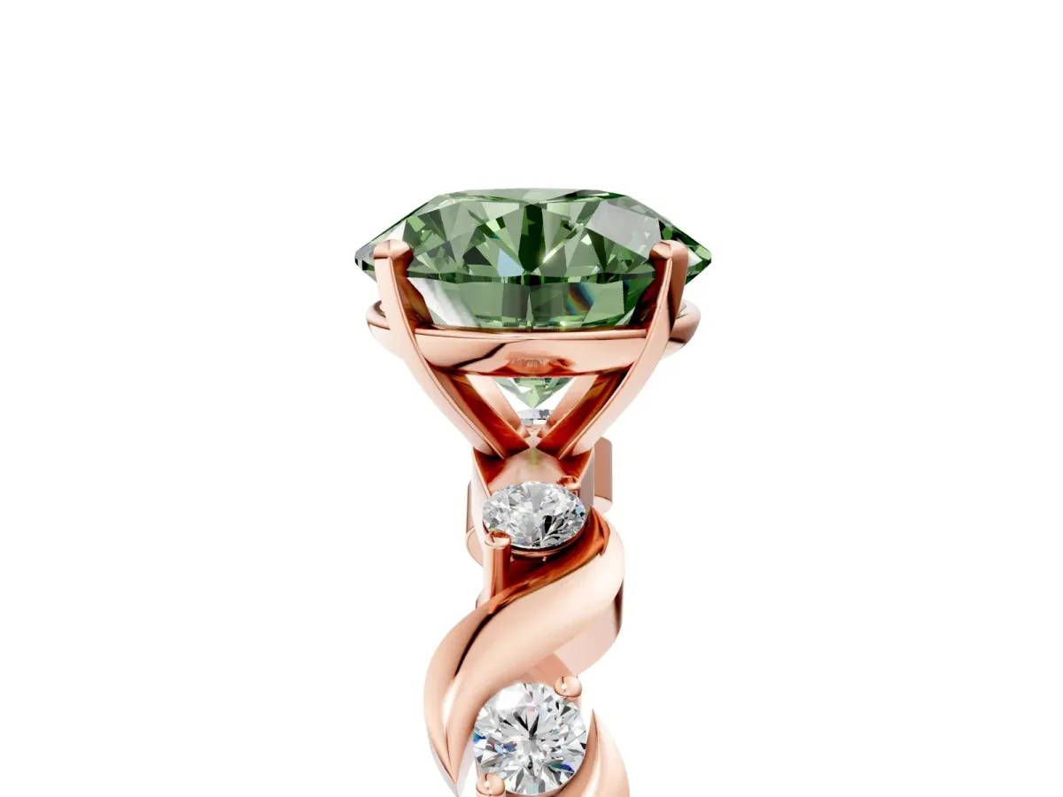 Fancy Green Asscher Cut Diamond Solitaire Twisted Band with Round Accents and Prong Setting Rose gold