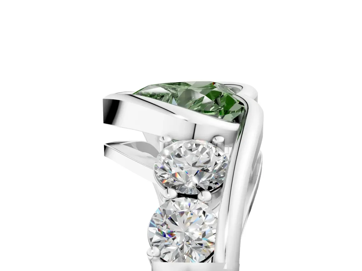 Fancy Green Bezel Set Heart Cut Diamond Bypass Ring with Round Accents Platinum