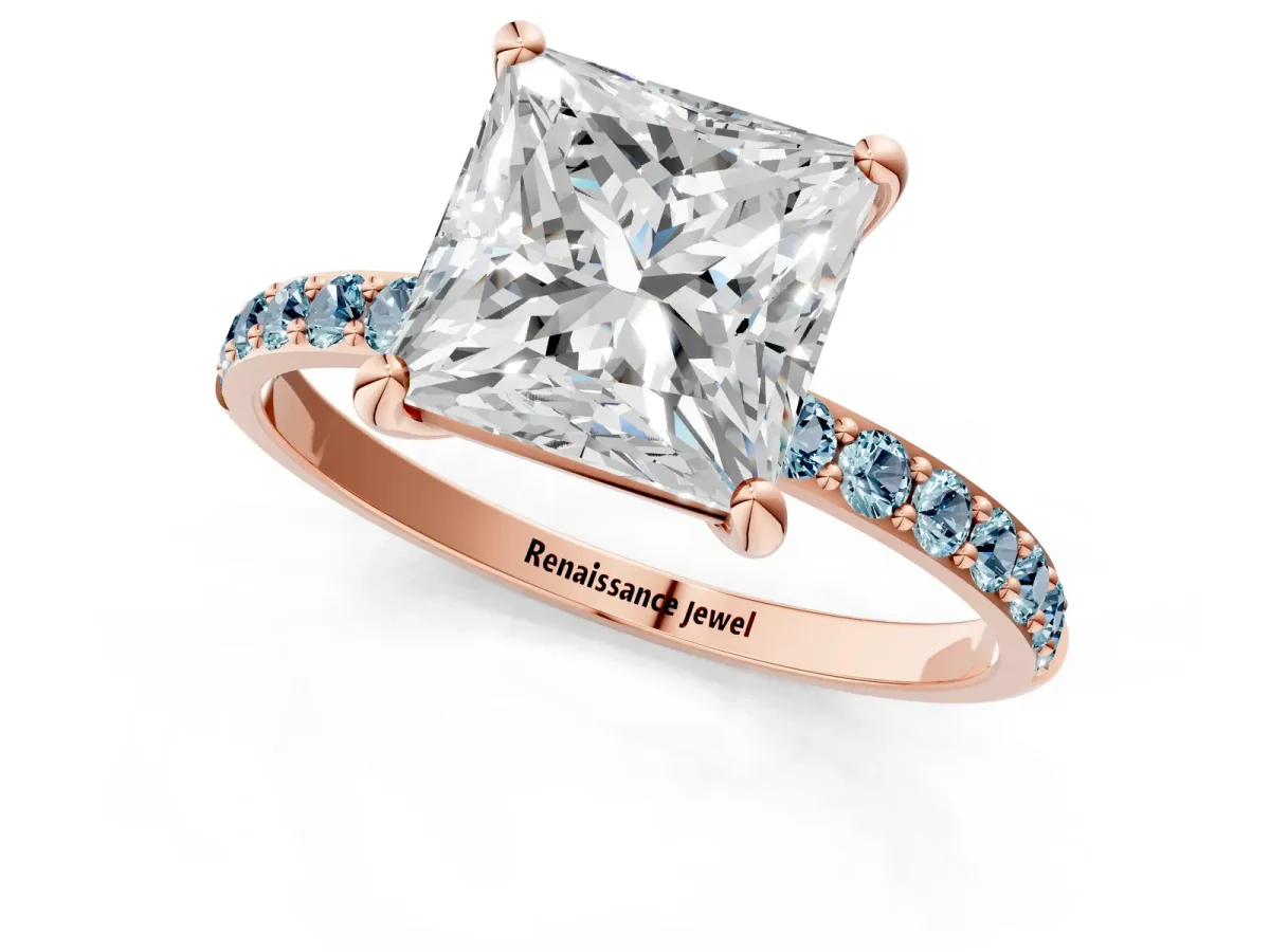 Princess Cut Diamond Solitaire Ring with Round Aquamarine Pavé Band and Prong Setting Rose gold
