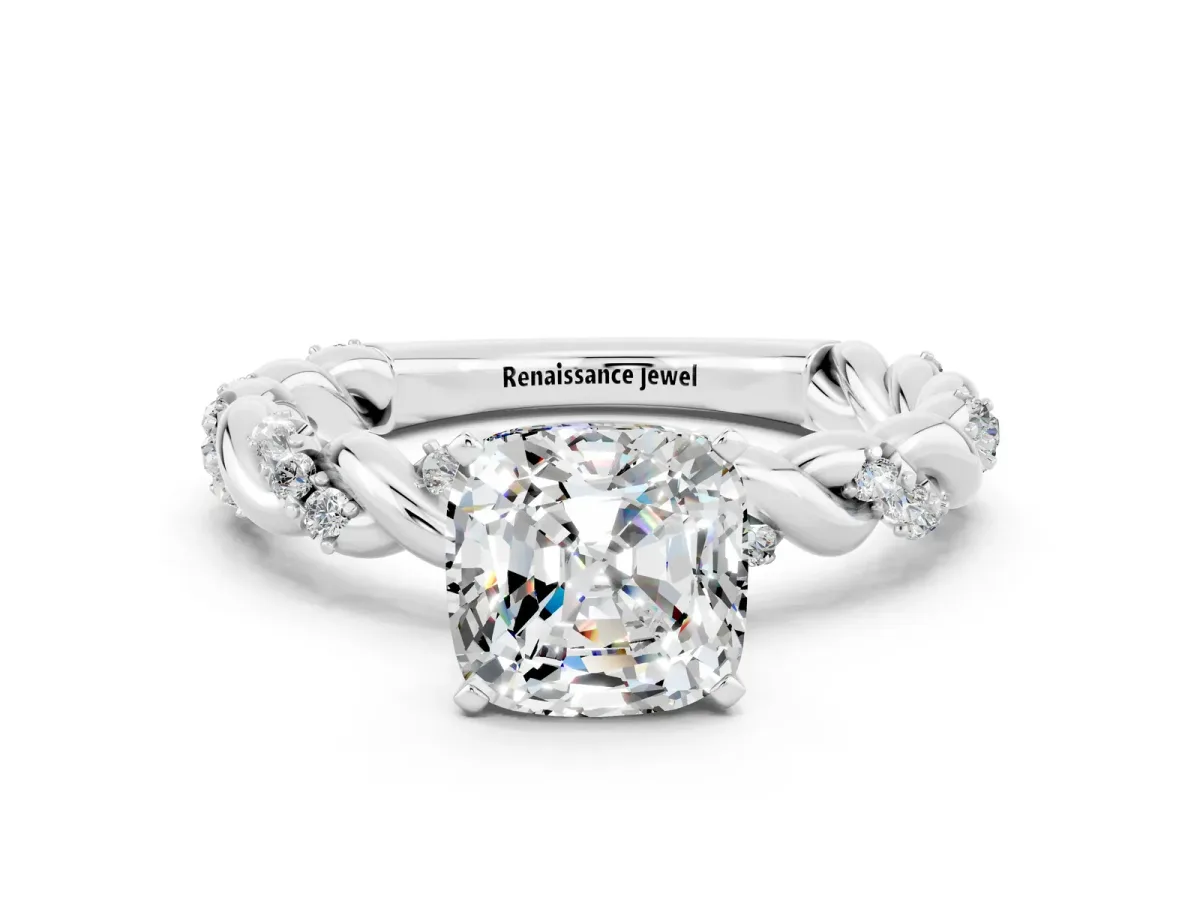 Cushion Cut Moissanite Solitaire Ring with Twisted Band and Pavé Accents White gold
