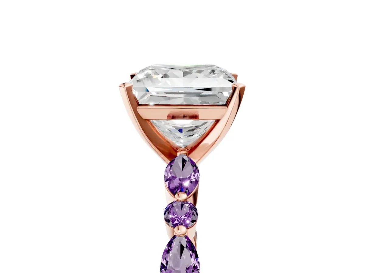 Princess Cut Diamond Ring with Marquise and Round Amethyst Side Stones and Four-Prong Setting Rose gold