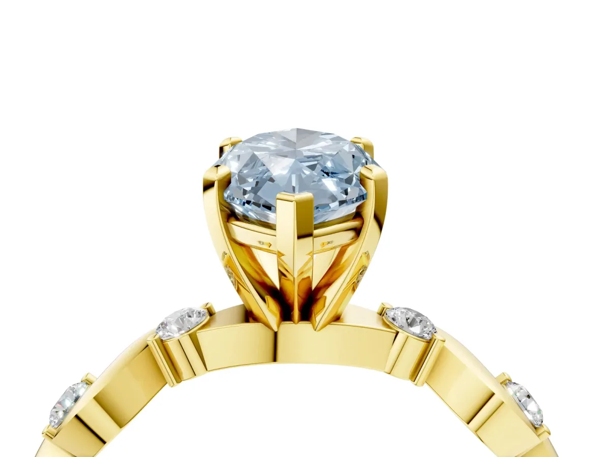 Fancy Blue Marquise Cut Diamond Solitaire Twisted Band with Round Accents and Prong Setting Yellow gold