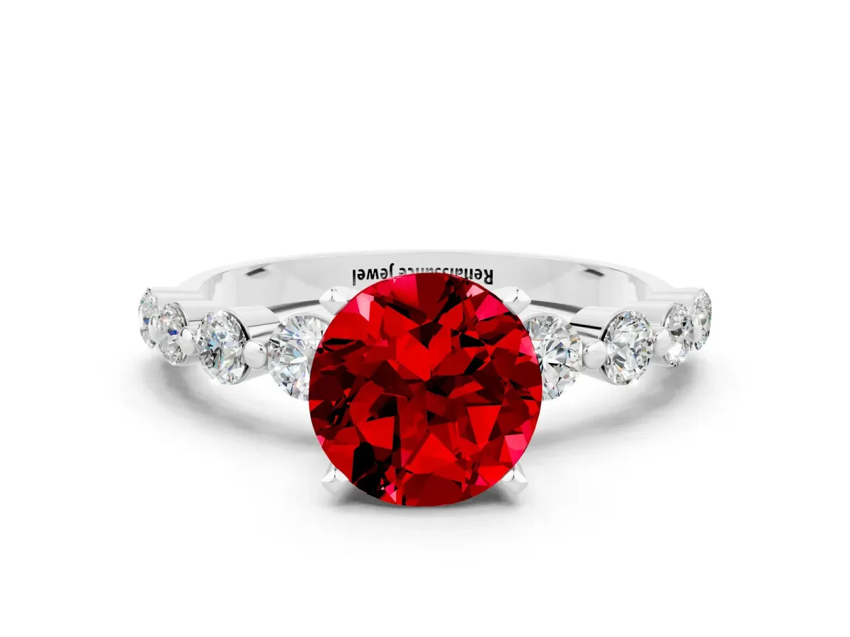 Round Cut Solitaire Ruby Ring with Pave Band and Four-Prong Setting White gold