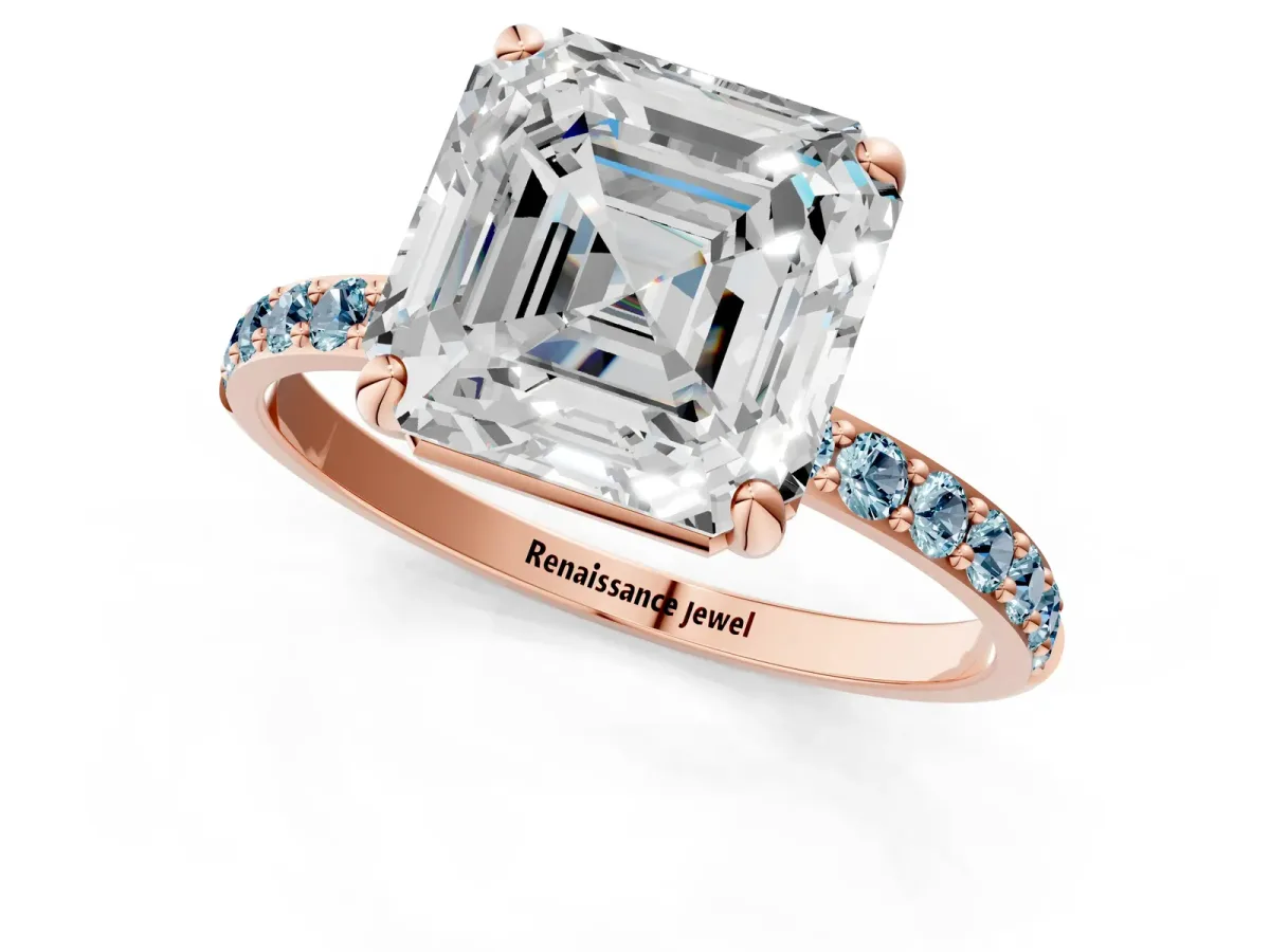 Asscher Cut Diamond Solitaire Ring with Round Aquamarine Pavé Band and Prong Setting Rose gold