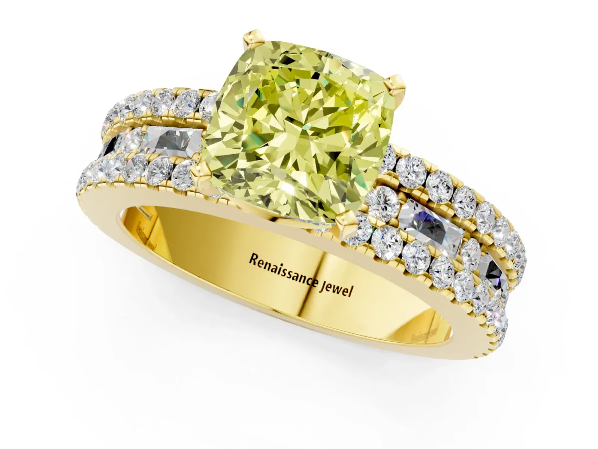 Fancy Yellow Cushion Cut Diamond Solitaire Ring with Pavé and Channel Set Band Yellow gold