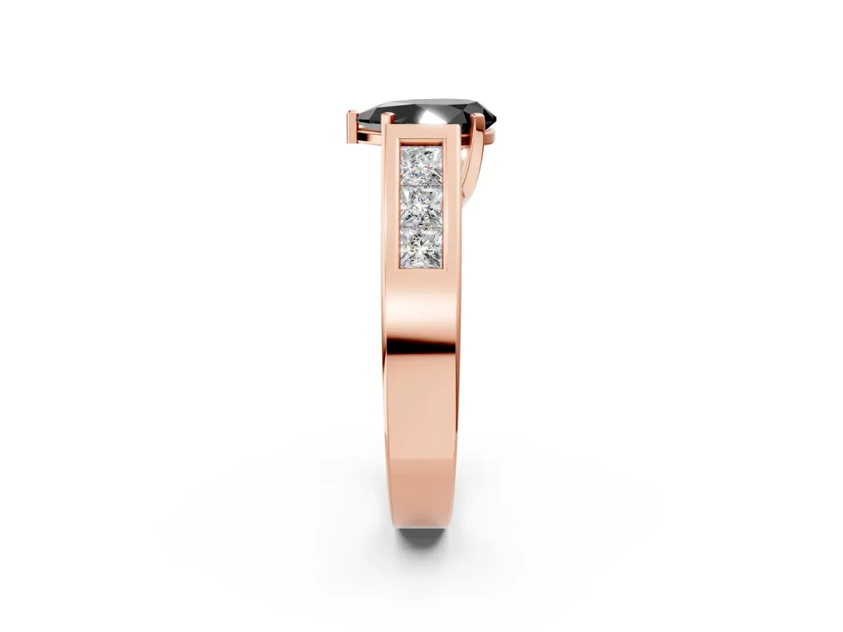Fancy Black Pear Cut Cut Channel Set Solitaire Ring with Four-Prong Setting Rose gold