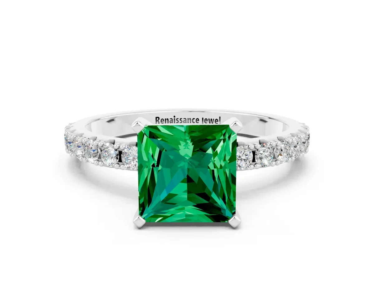 Princess Cut Emerald Solitaire Pavé Band with Four-Prong Setting Silver