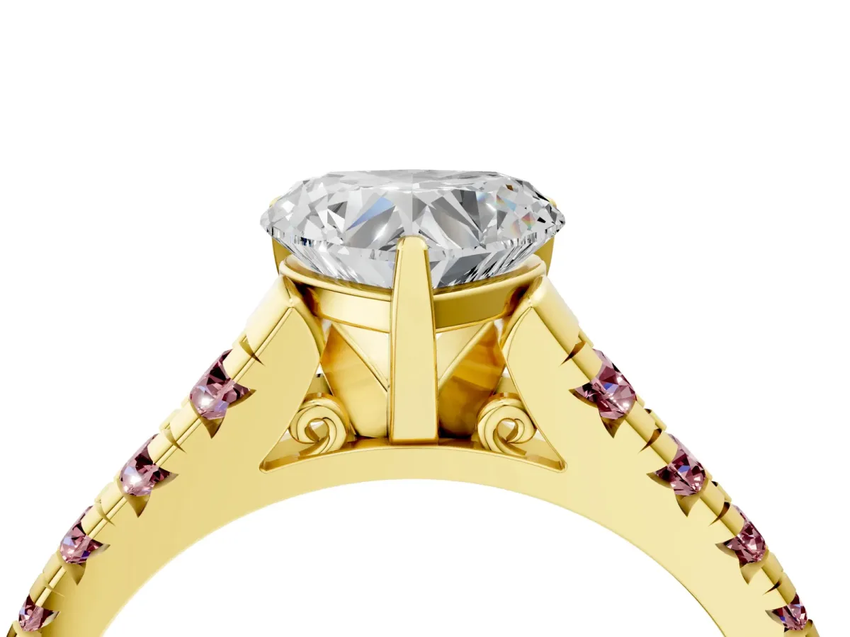 Heart Cut Diamond Cathedral Solitaire Ring with Round Morganite Pavé Band Yellow gold