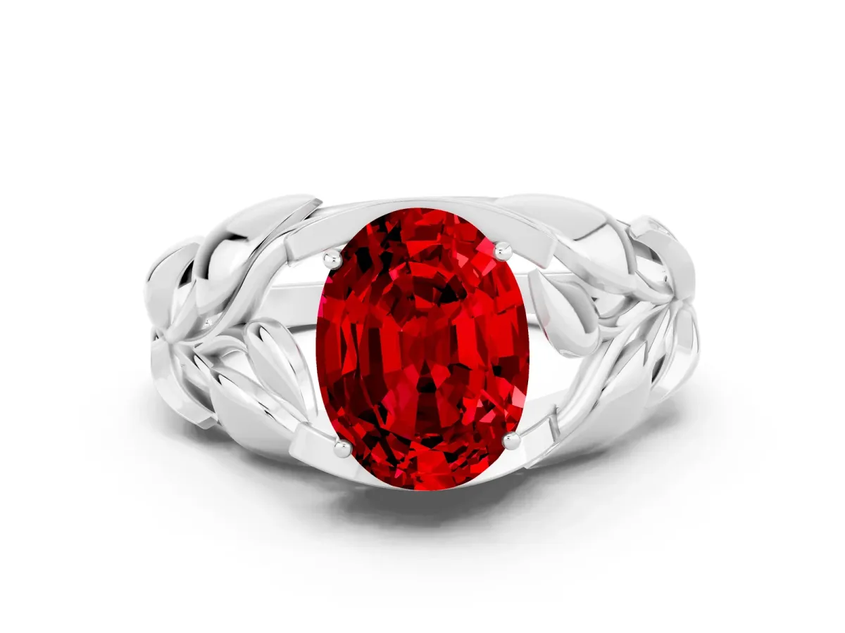 Oval Cut Ruby Leaf-Inspired Engagement Ring with Round Accents and Prong Setting White gold