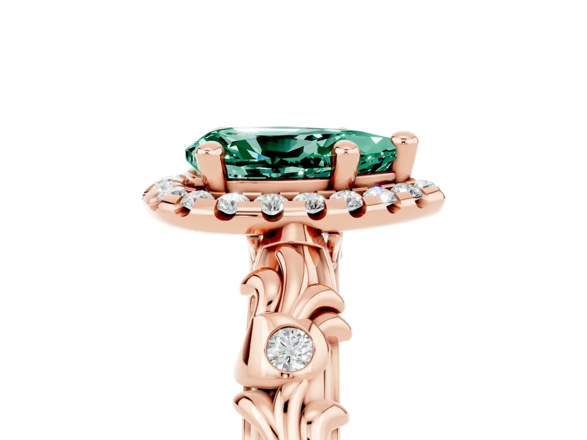 Pear Cut Green Sapphire Halo Ring with Filigree Band and Prong Setting Rose gold