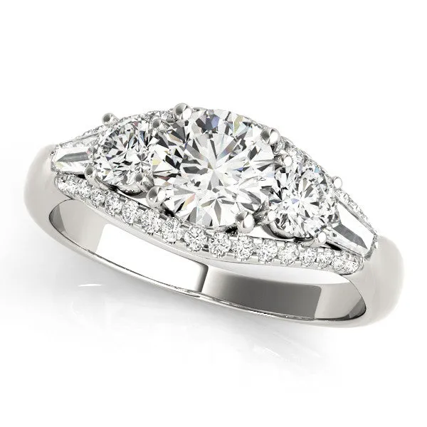 Three-Stone Radiant Cut Diamond Engagement Ring with Pave Band and Prong Setting Platinum