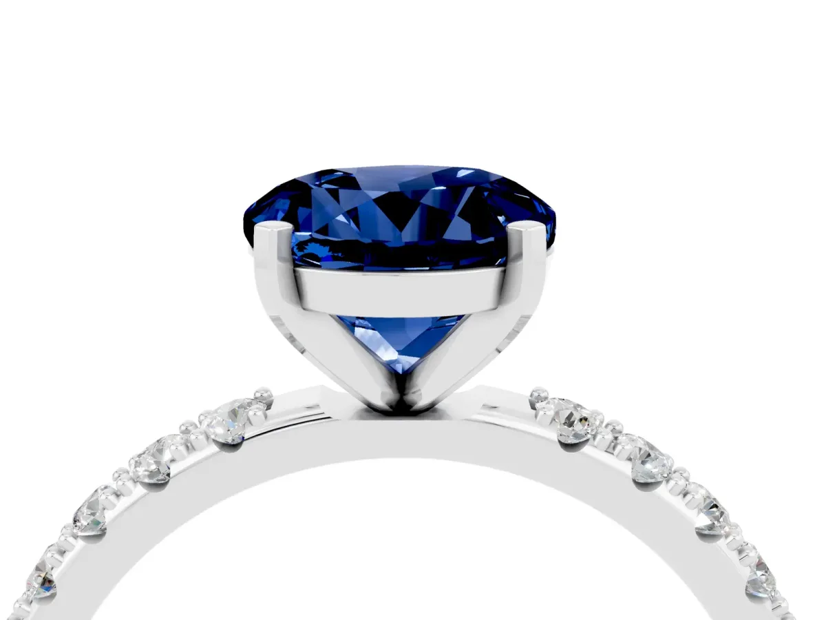 Round Cut Blue Sapphire Solitaire Pavé Band with Four-Prong Setting Silver