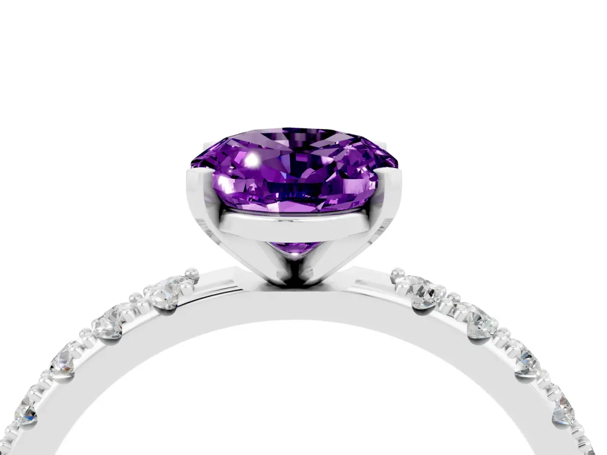 Oval Cut Amethyst Solitaire Pavé Band with Four-Prong Setting Silver