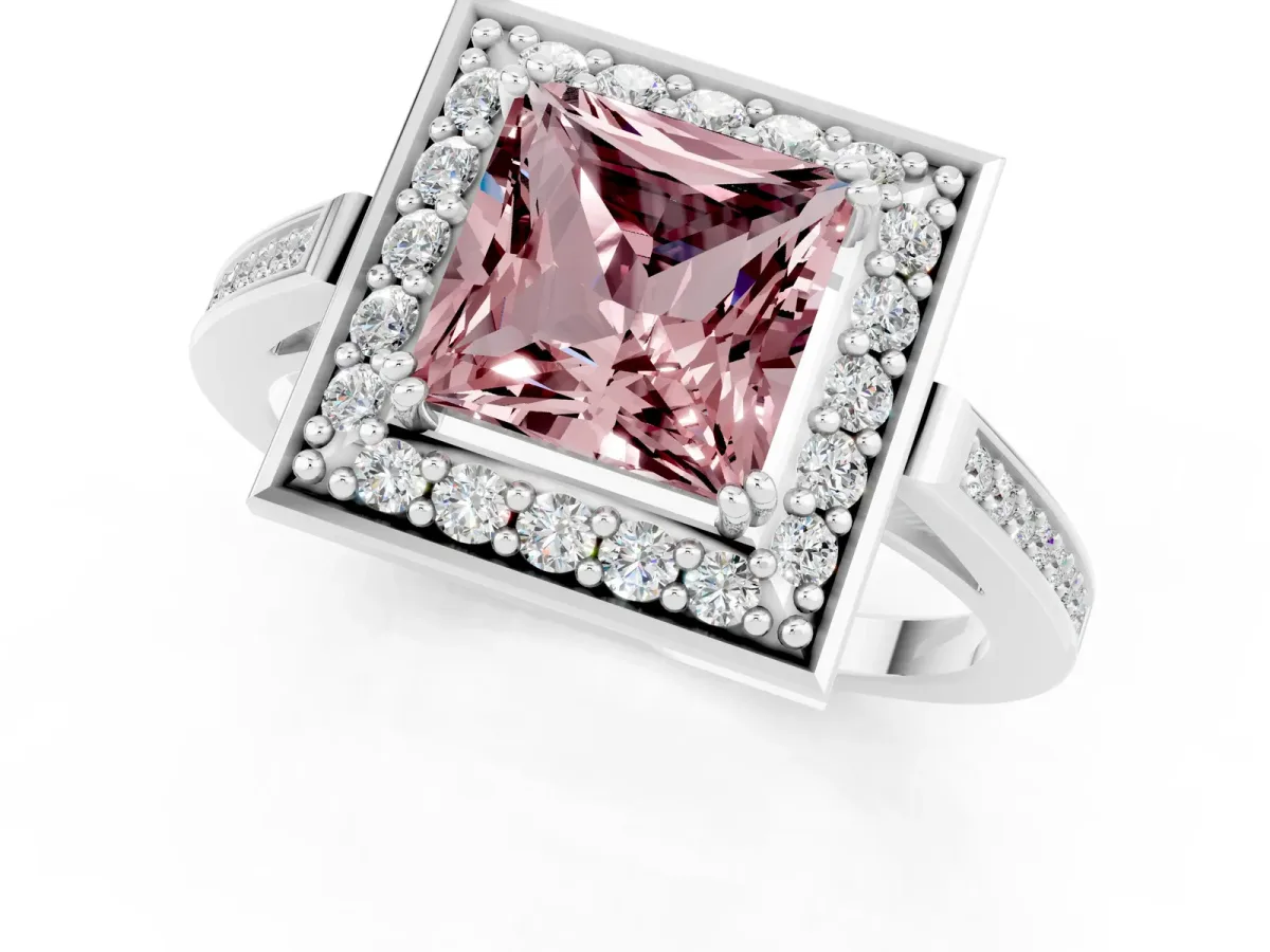 Princess Cut Morganite Halo Ring with Split Shank and Four-Prong Setting Platinum