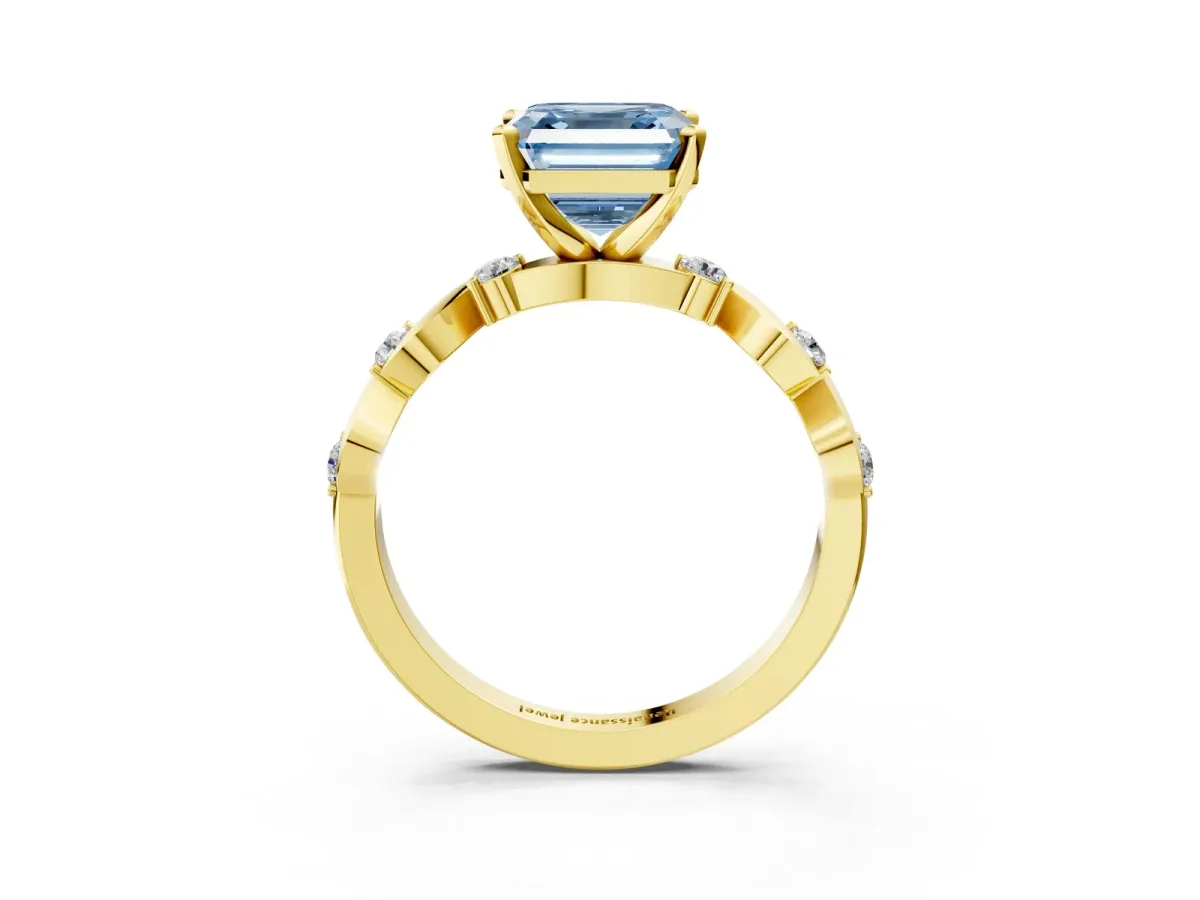 Fancy Blue Asscher Cut Diamond Solitaire Twisted Band with Round Accents and Prong Setting Yellow gold