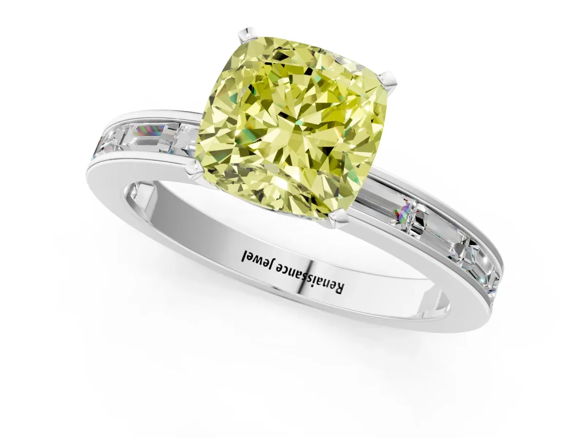 Fancy Yellow Cushion Cut Solitaire Diamond Ring with Channel-Set Baguette Band and Four-Prong Setting White gold
