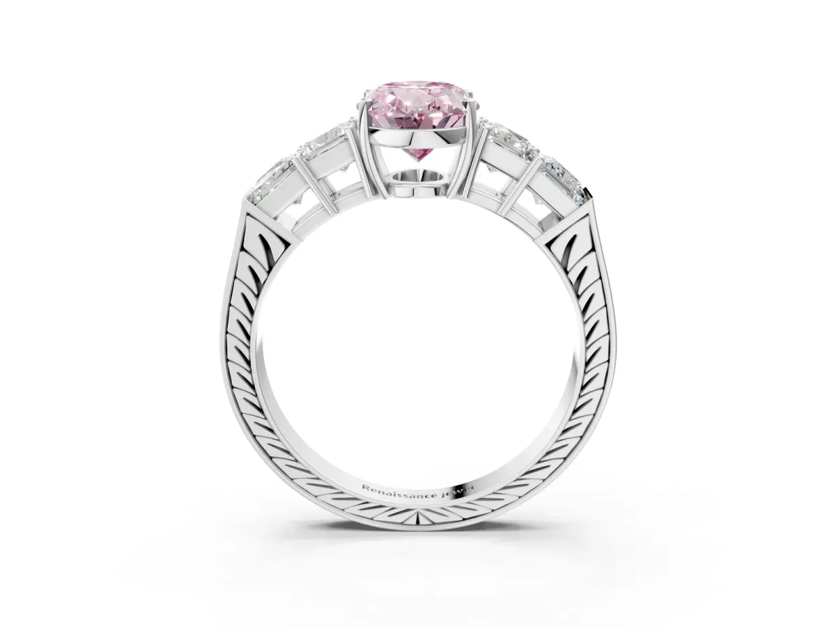 Fancy Pink Oval Cut Solitaire Princess Side Stone Engraved Band Prong Setting Ring Silver