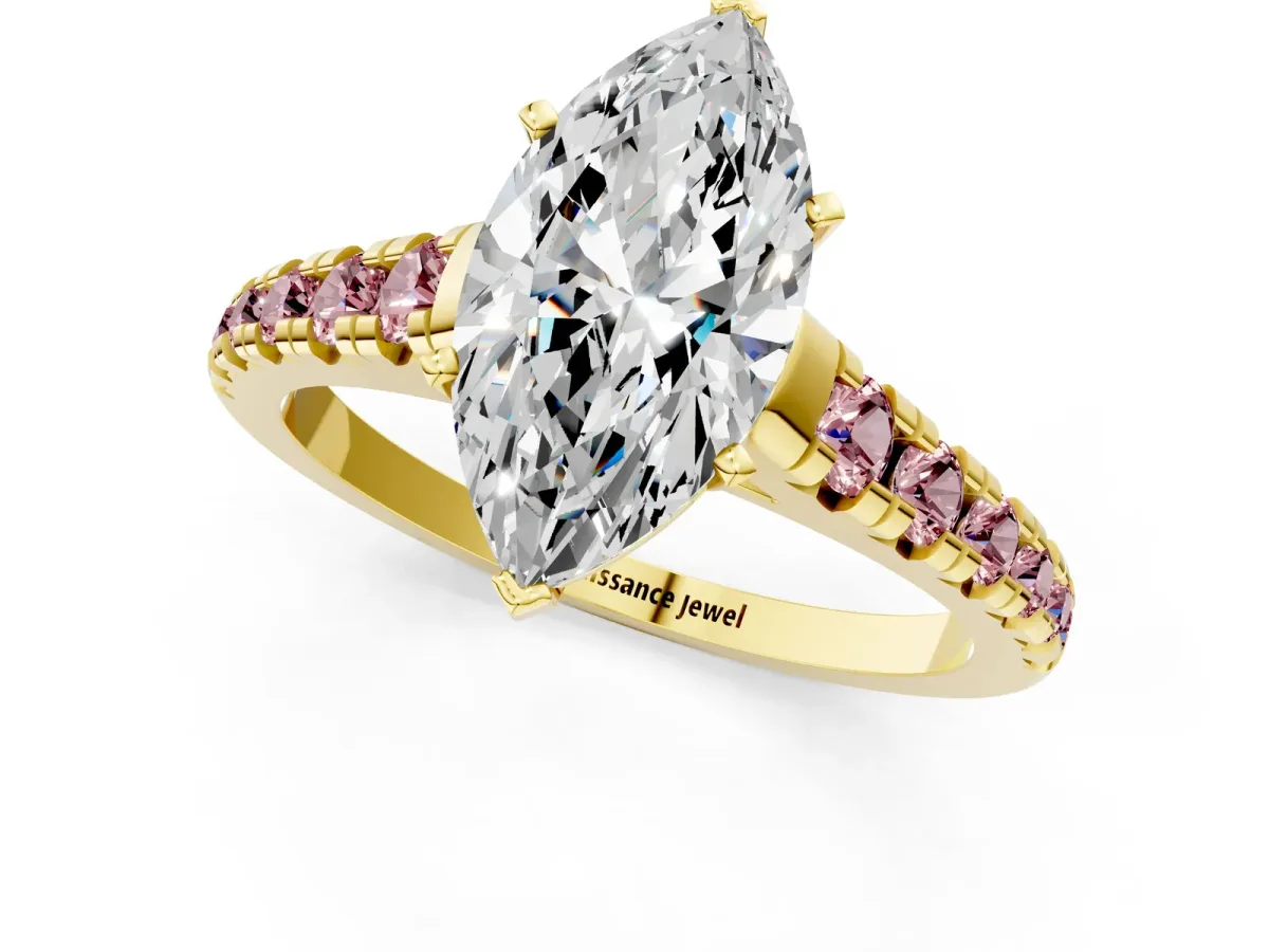 Marquise Cut Diamond Cathedral Solitaire Ring with Round Morganite Pavé Band Yellow gold