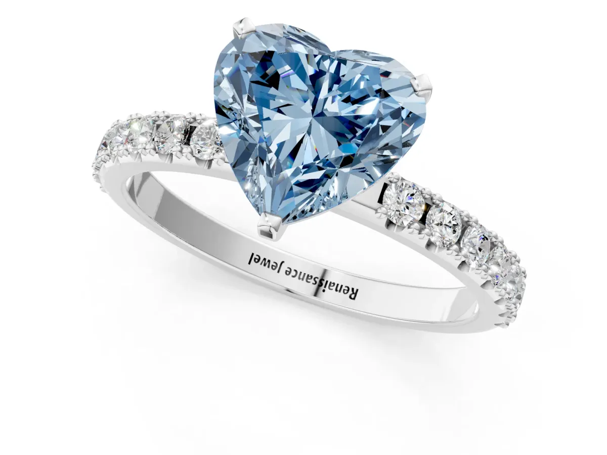 Fancy Blue Heart Cut Diamond Solitaire Pavé Band with Four-Prong Setting Platinum