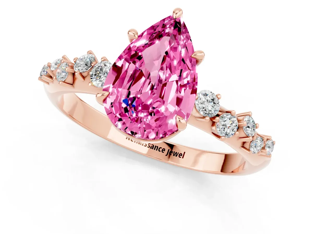 Pear Cut Pink Sapphire Cluster Side Stone Solitaire Ring with Prong Setting Rose gold