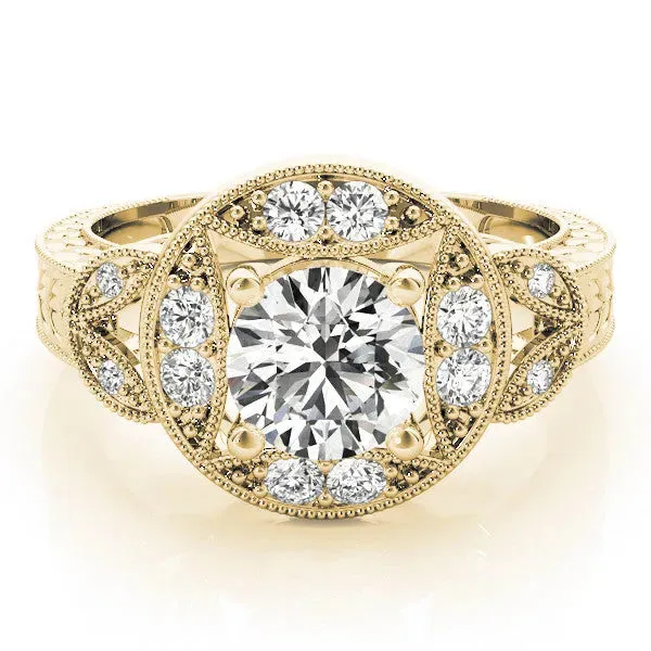 Round Cut Halo Milgrain Diamond Engagement Ring with Leaf Band and Four-Prong Setting Yellow gold
