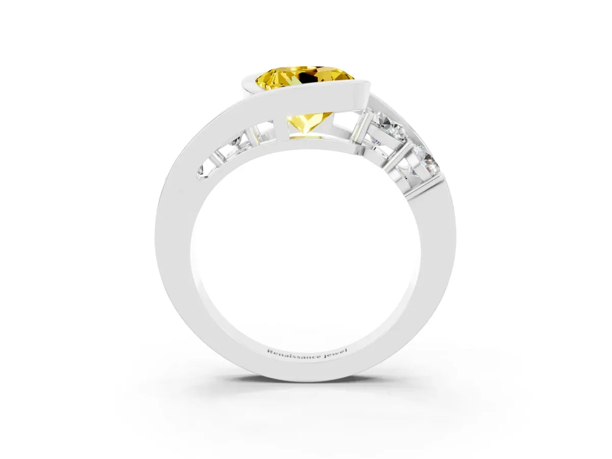 Bezel Set Round Cut Yellow Sapphire Bypass Ring with Round Accents Silver