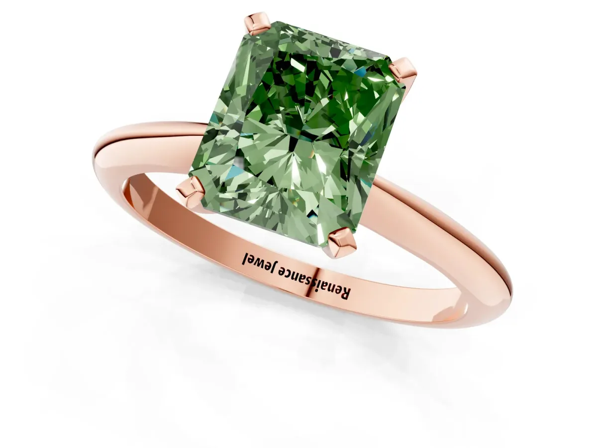 Fancy Green Radiant Cut Diamond Solitaire Engagement Ring with Classic Band and Four-Prong Setting Rose gold