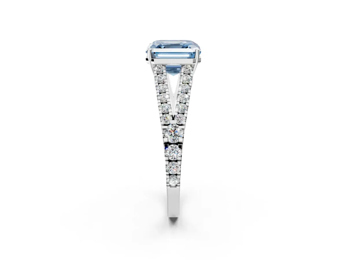 Fancy Blue Asscher Cut Diamond Split Shank Engagement Ring with Round Pavé and Prong Setting Platinum