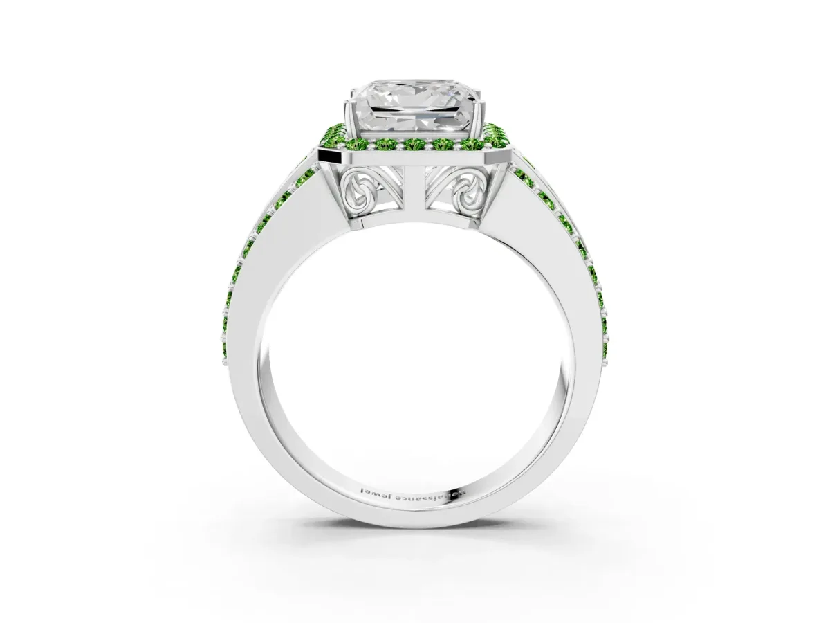 Princess Cut Halo Diamond Ring with Round Peridot Split Shank and Prong Setting White gold