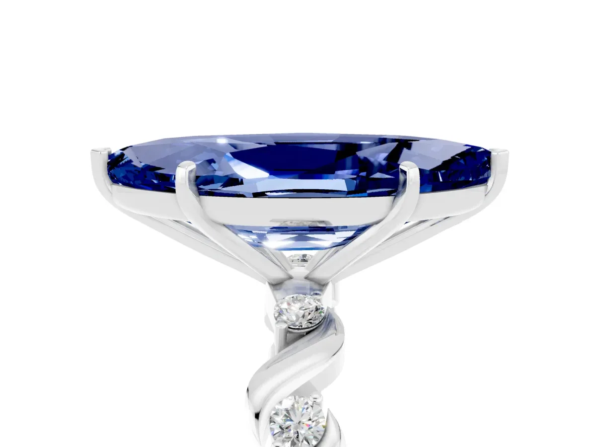 Marquise Cut Blue Sapphire Solitaire Twisted Band with Round Accents and Prong Setting White gold