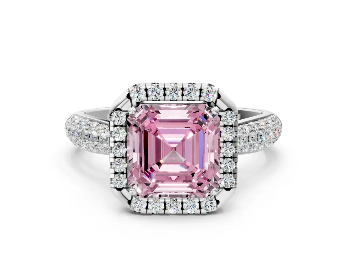 Fancy Pink Asscher Cut Halo Diamond Ring with Pavé Band Platinum