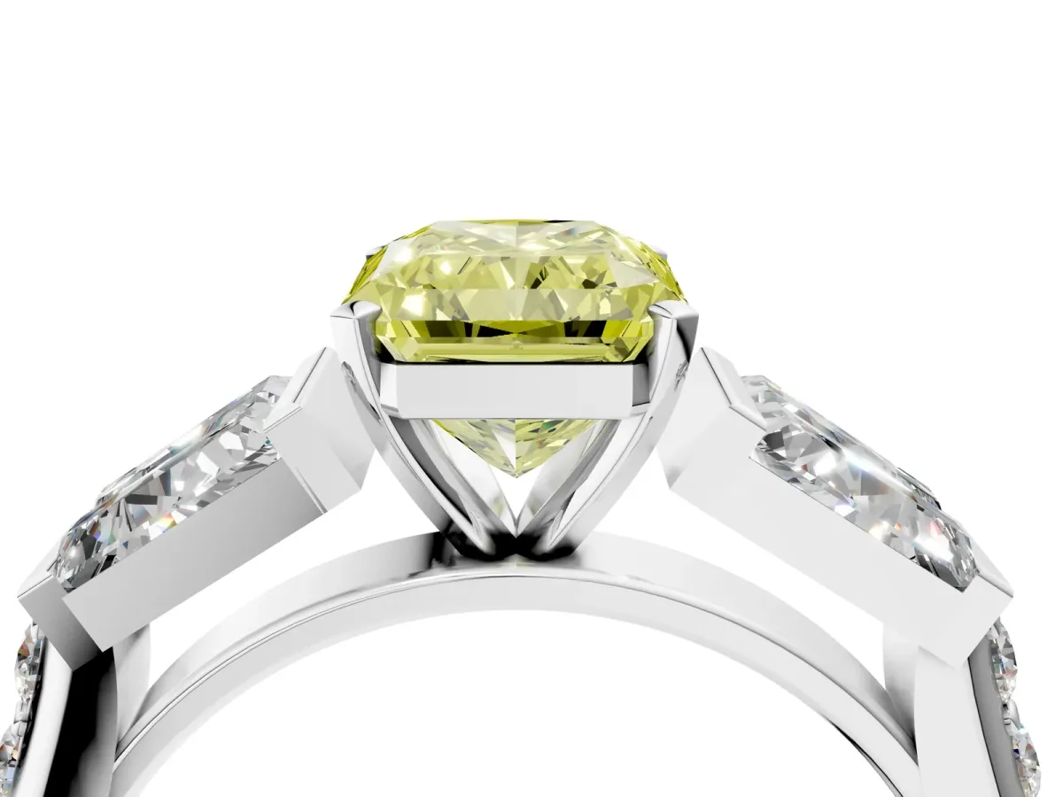 Fancy Yellow Radiant Cut Diamond Engagement Ring with Baguette Side Stones and Channel Set Band Platinum