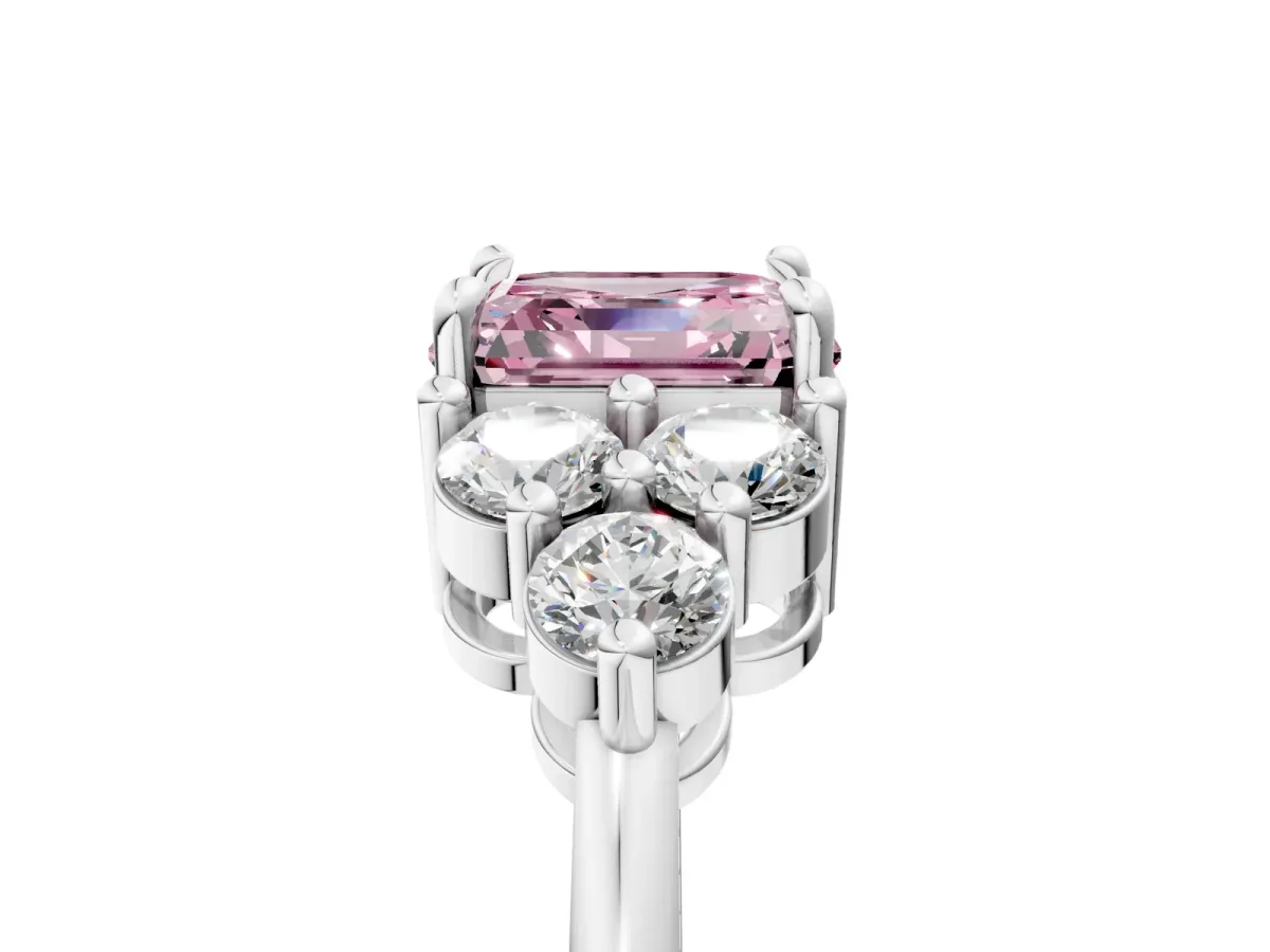 Fancy Pink Asscher Cut Brilliant Diamond Cluster Accent Solitaire Ring with Prong Setting Platinum