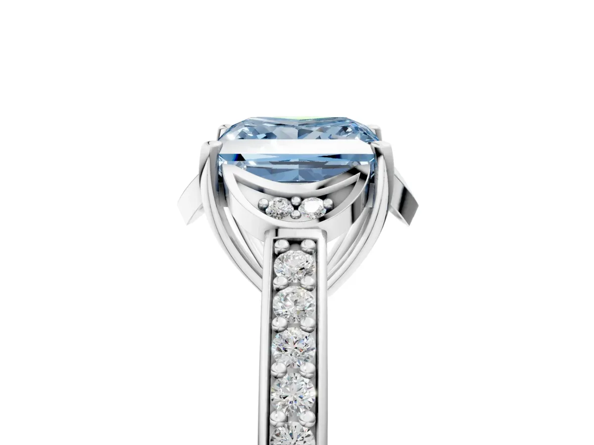 Fancy Blue Princess Cut Cut Halo Diamond Ring with Channel Set Band and Four-Prong Setting White gold