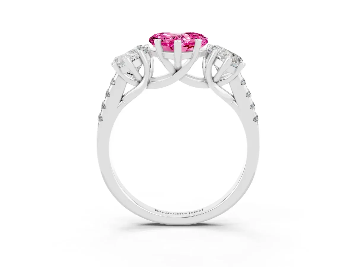 Three-Stone Heart Cut Pink Sapphire Ring with Round Pavé Band and Prong Setting White gold