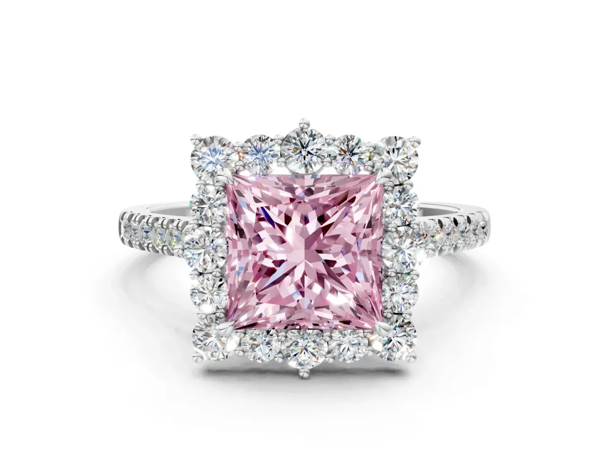 Fancy Pink Princess Cut Halo Diamond Ring with Pavé Band and Prong Setting White gold