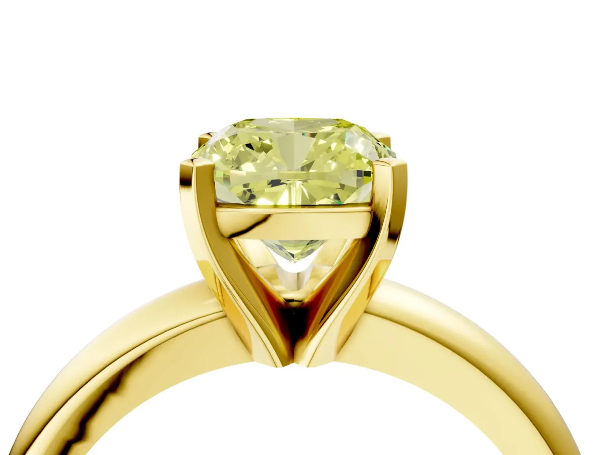 Fancy Yellow Cushion Cut Diamond Solitaire Engagement Ring with Round Band and Four-Prong Setting Yellow gold