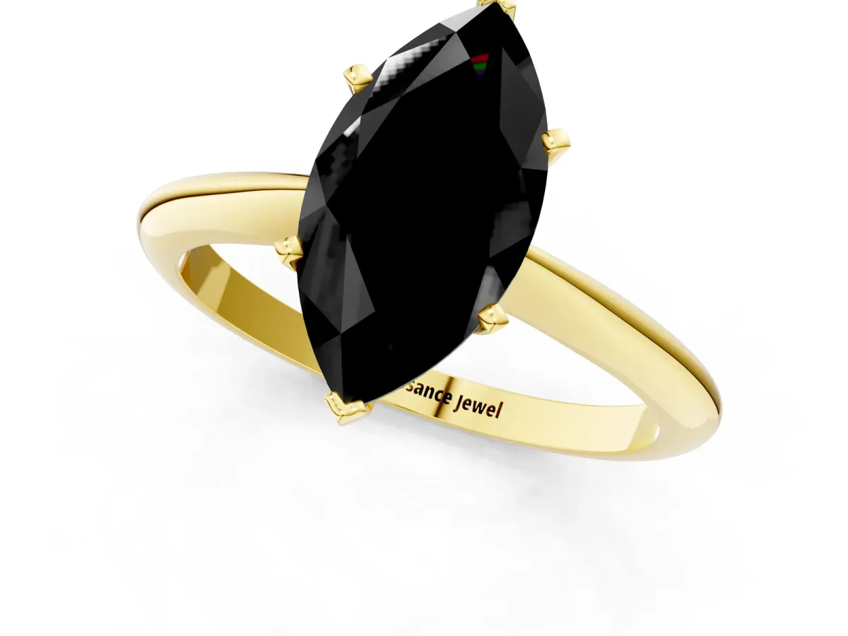 Fancy Black Marquise Cut Diamond Solitaire Engagement Ring with Classic Band and Four-Prong Setting Yellow gold