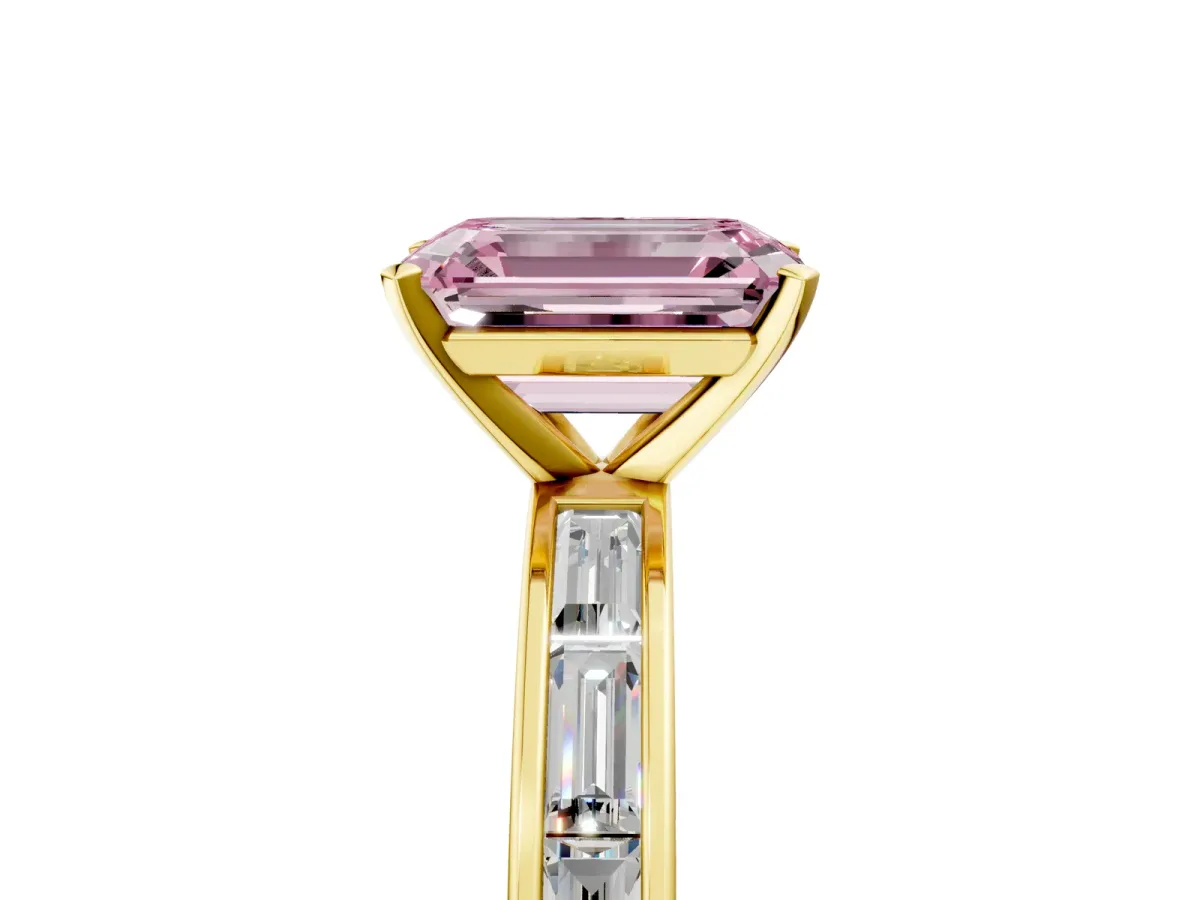 Fancy Pink Emerald Cut Solitaire Diamond Ring with Channel-Set Baguette Band and Four-Prong Setting Yellow gold
