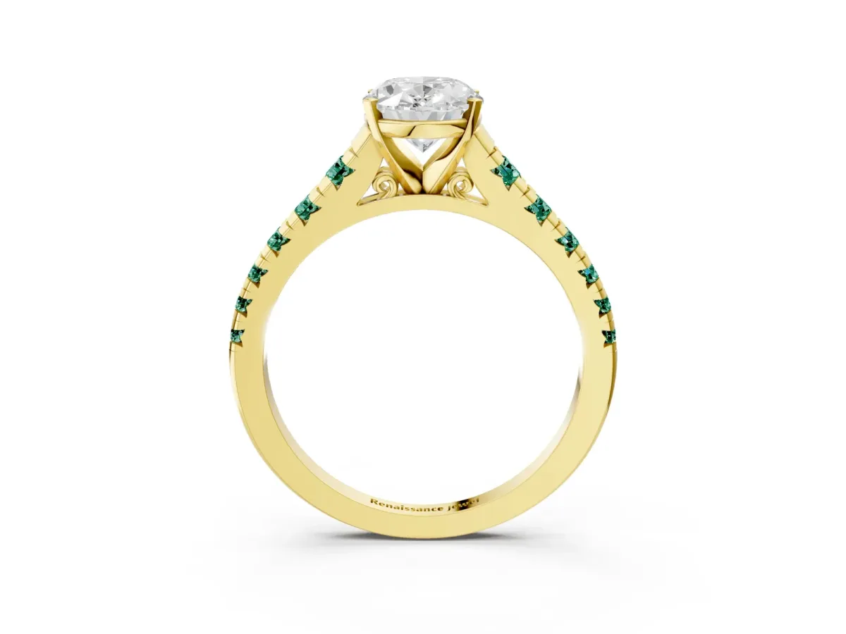 Oval Cut Diamond Cathedral Solitaire Ring with Round Green Sapphire Pavé Band Yellow gold