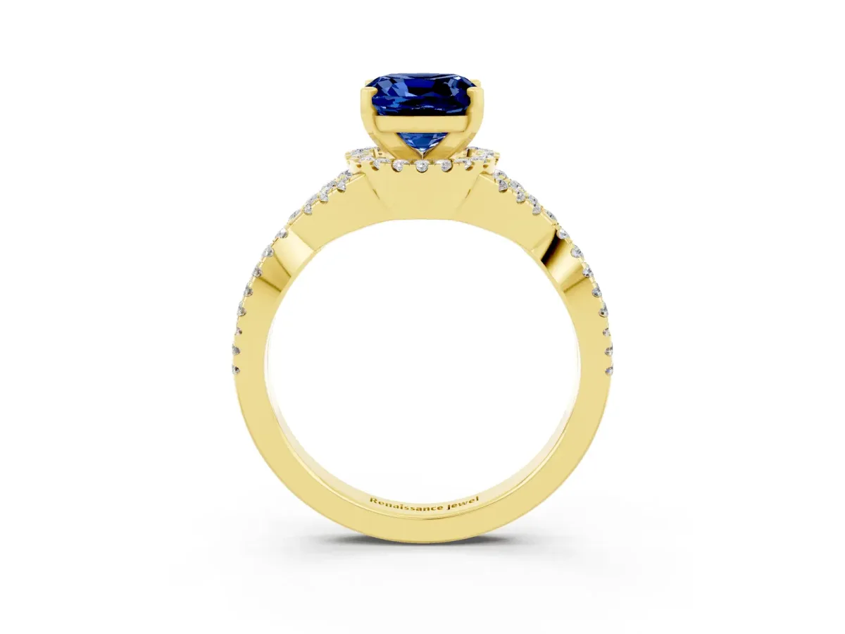 Cushion Cut Blue Sapphire Halo Twist Band Solitaire Prong Setting Ring Yellow gold