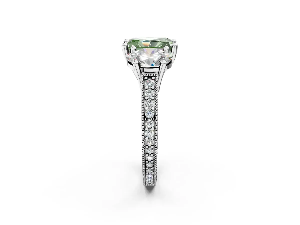 Fancy Green Three-Stone Radiant Cut Diamond Milgrain Pave Band with Prong Setting Platinum