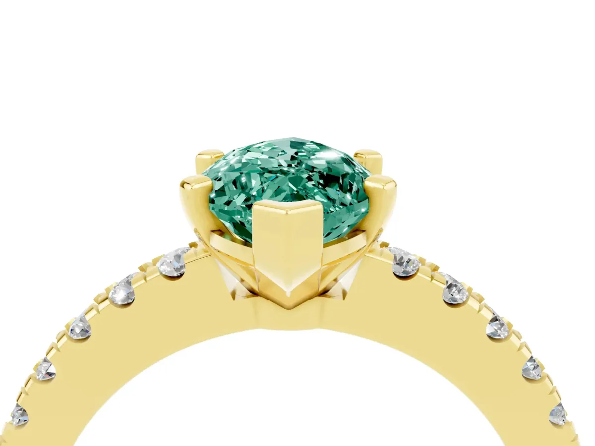 Marquise Cut Solitaire Green Sapphire with Pavé Band and Four-Prong Setting Yellow gold